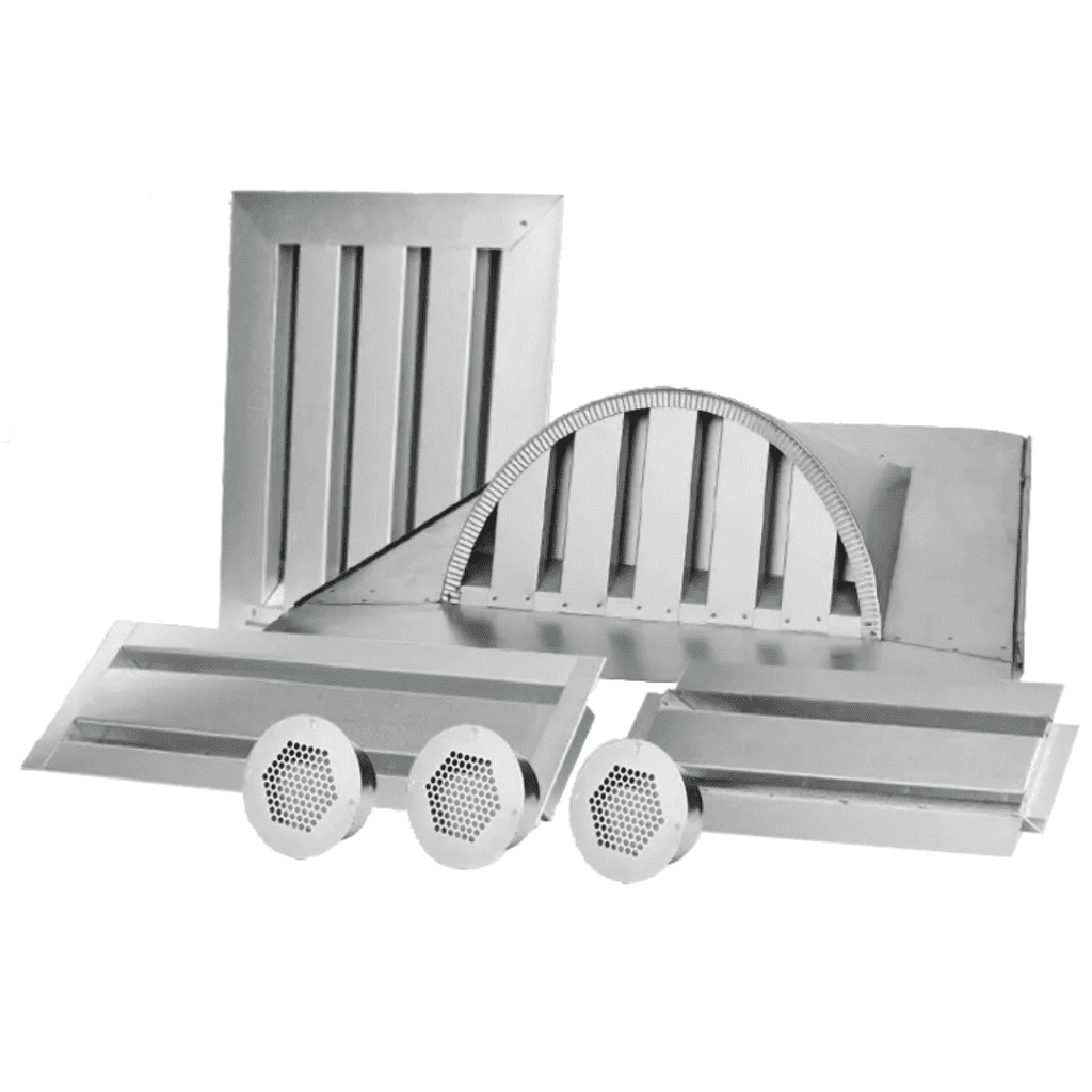 Various metal air vents and grilles in different shapes and sizes arranged on a white background.