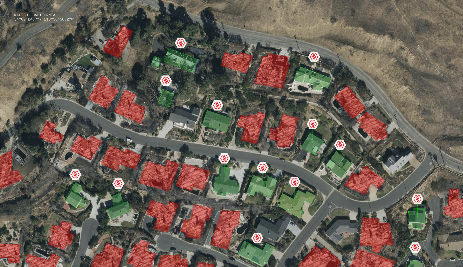 Malibu fire satellite image showing homes that survived