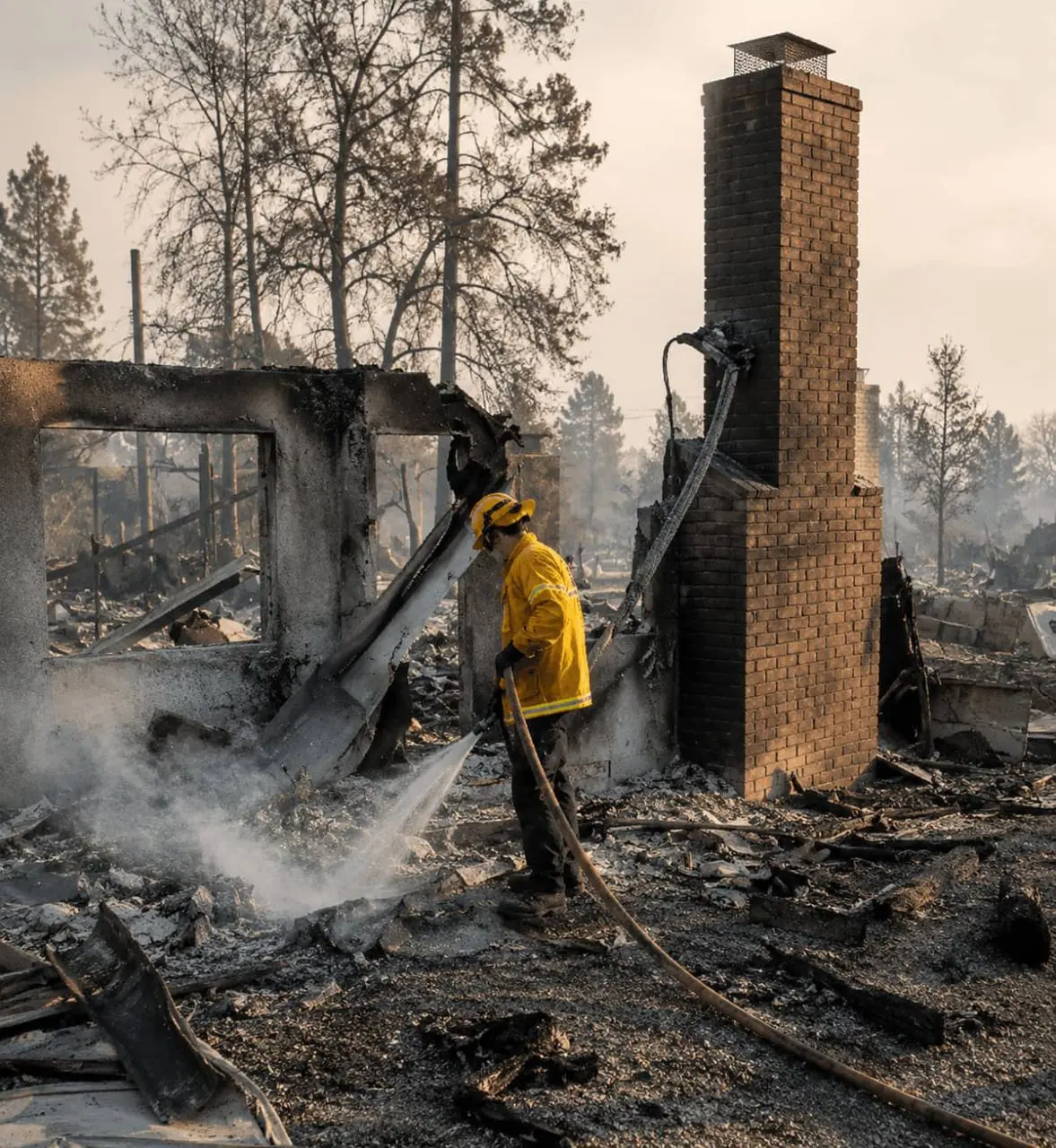 Firefighter sprays water on burnt ruins; only a chimney stands among the debris.