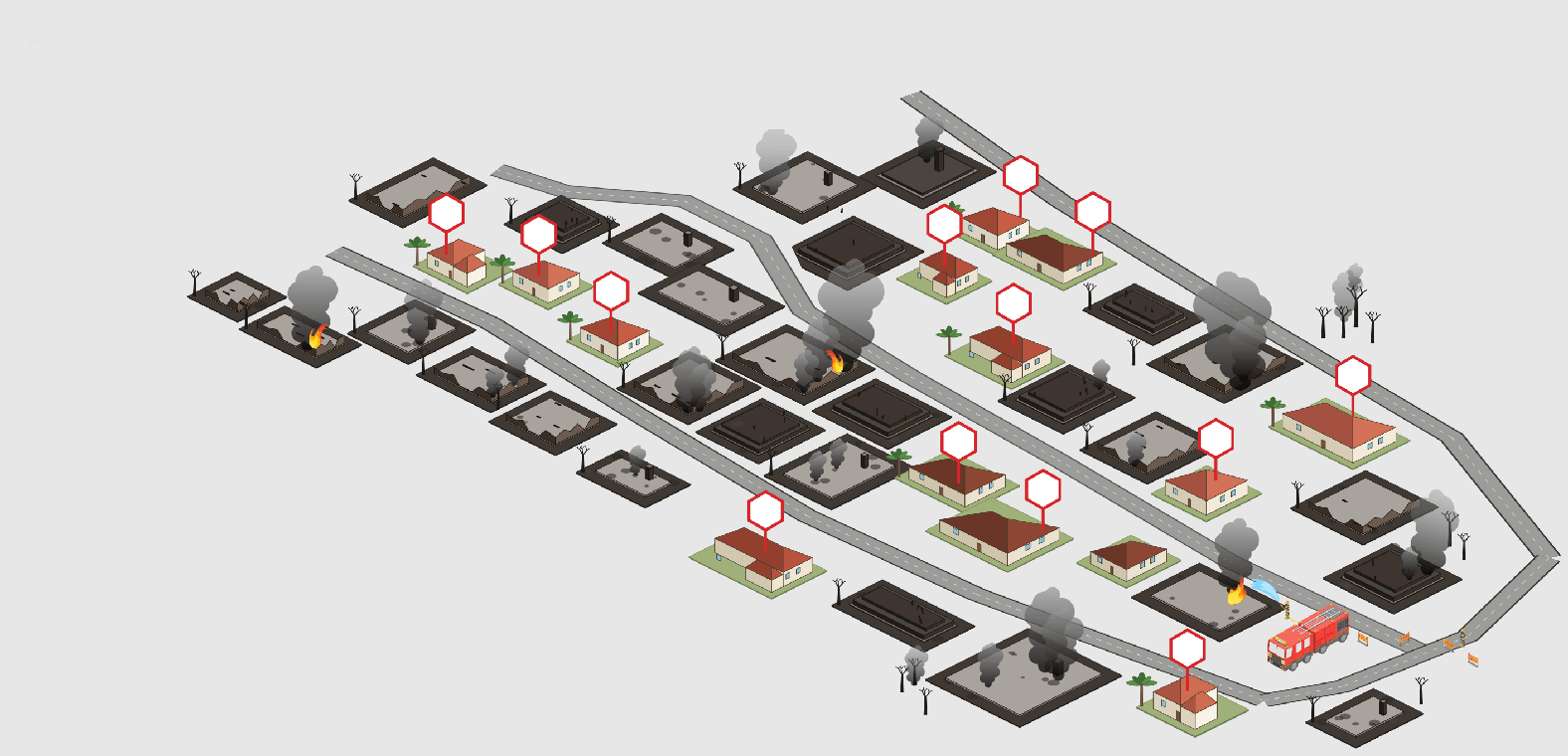 Map of homes protected by BrandGuard vents during a wildfire, marked with red hex pins