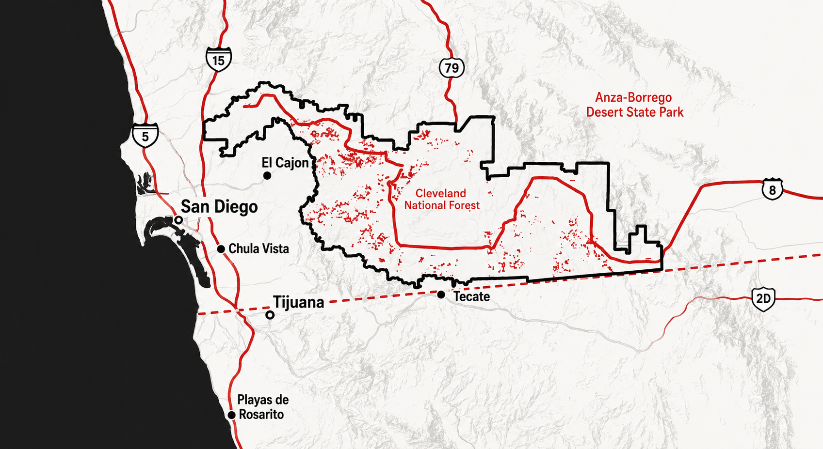 Sunrise Powerlink grant corridor: San Diego County, from the coast east through Cleveland National Forest to the Anza-Borrego Desert.