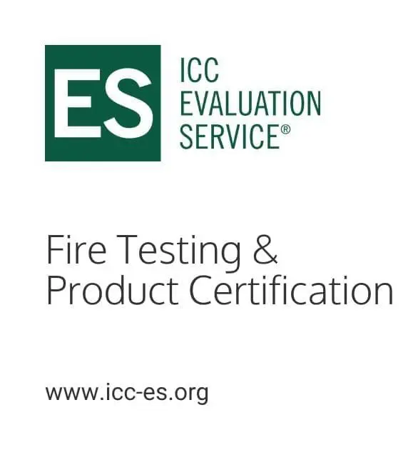 Wall being fire tested beside ICC Evaluation Service logo and website text.