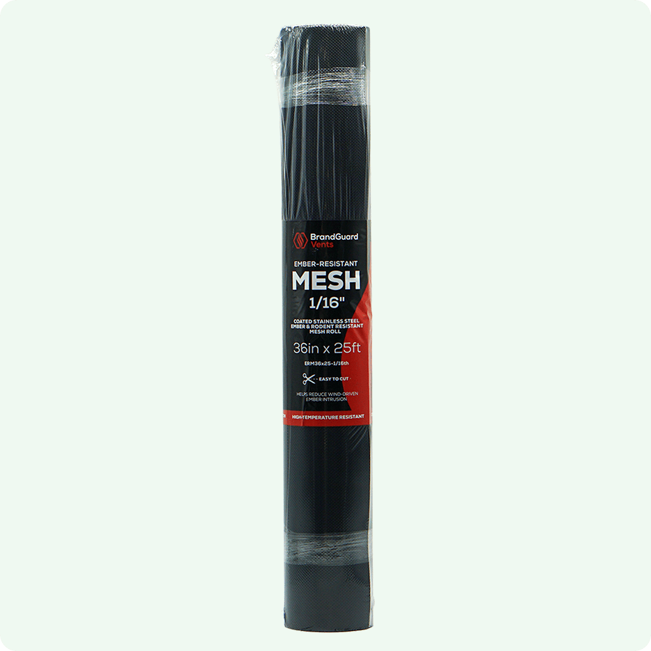 Black BrandGuard mesh, 36″x25′, in roll with red and black packaging label.