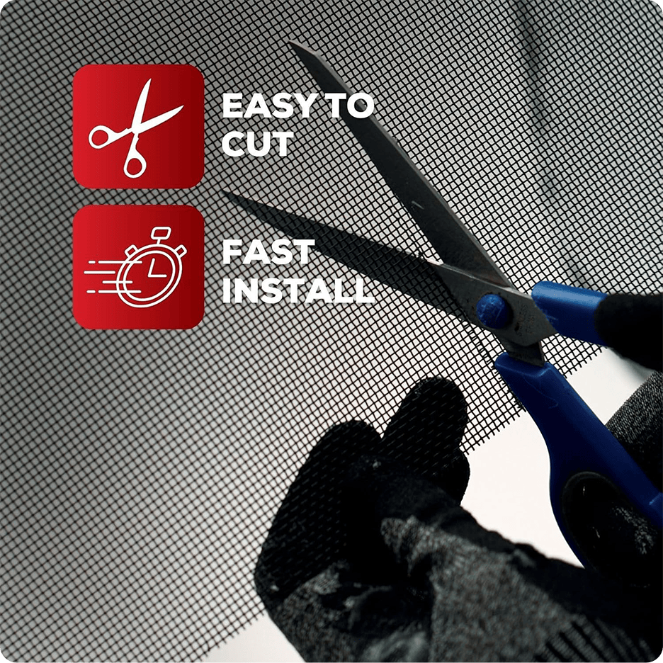 Scissors cut black mesh; text: Easy to cut & Fast install; icons shown.
