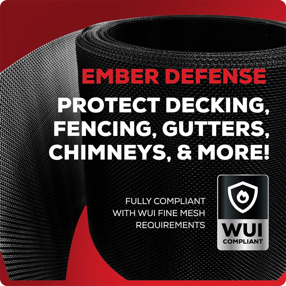 Black mesh with text advertising ember defense for decks, fences, and similar uses.