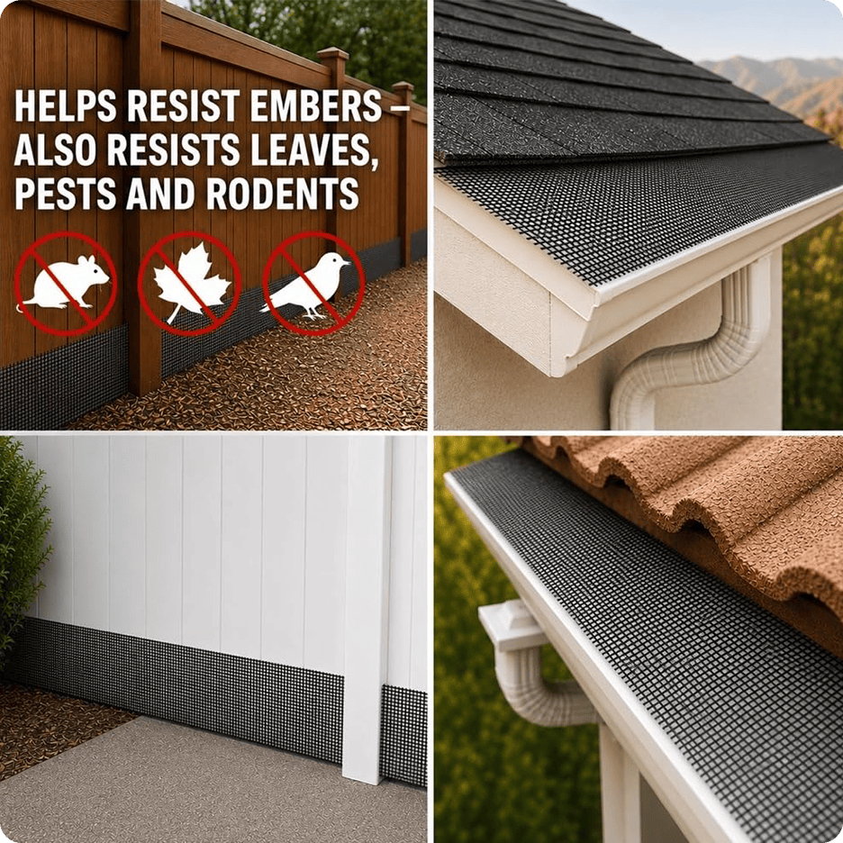 Mesh on roofs and fences; text claims it blocks embers, leaves, pests, and rodents.