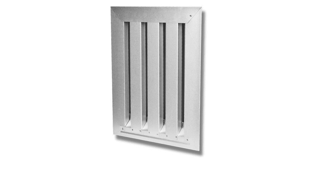 A rectangular metal air vent cover with four vertical slats, mounted against a white background, designed as a fire-resistant gable vent for enhanced safety.