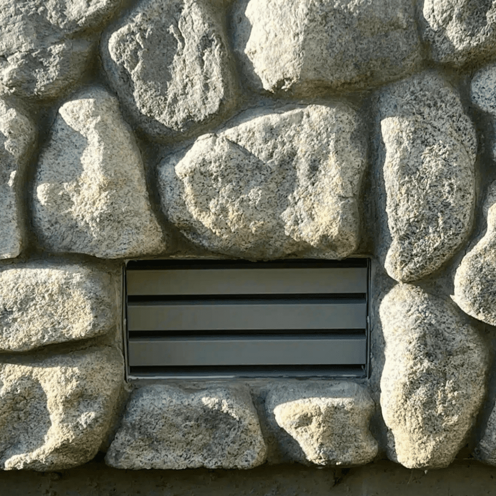 A metal vent set into a stone wall with large, unevenly shaped rocks.
