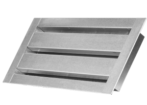 A metal wall vent with three horizontal slats, angled open, isolated on a white background.