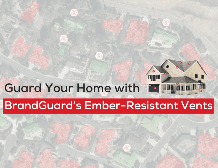A house illustration with red dots on vents over an aerial map, promoting ember-resistant vents for fire safety.