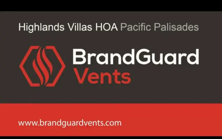 BrandGuard Vents logo with text: Highlands Villas HOA Pacific Palisades and website www.brandguardvents.com.