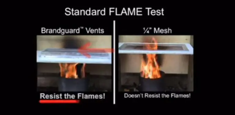 Side-by-side vent flame test: The fire-rated vent on the left resists flames, while the standard vent with mesh on the right does not; flames rise in both. This highlights the difference between fire-rated vents vs. standard vents.