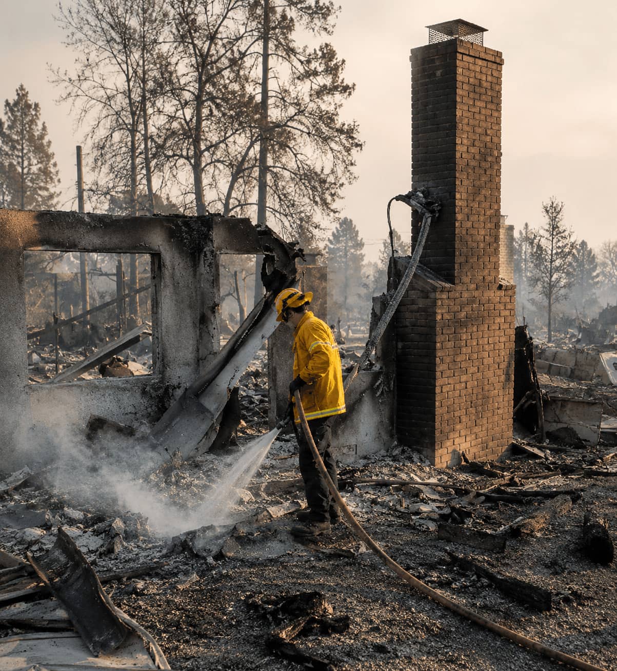 Firefighter dampening down a home destroyed by wildfire