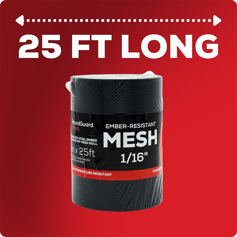 25 ft ember-resistant mesh roll on red background with bold white text.