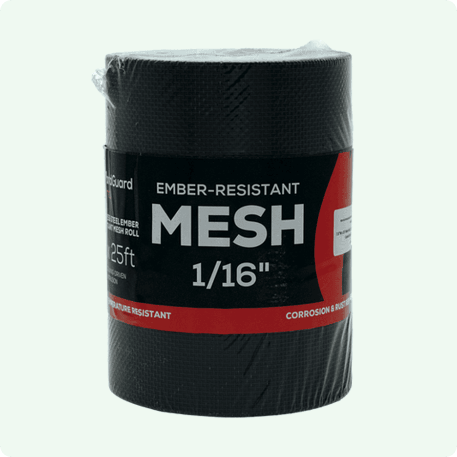 Black ember-resistant mesh roll shown with its packaging and label.