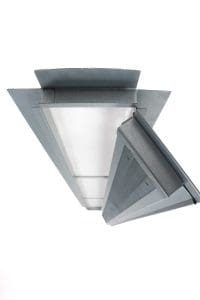 A modern, rectangular ceiling light fixture with an angled, open panel, viewed from below.