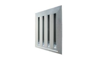 A metal air vent or grille with vertical slats, isolated on a white background.