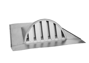 Curved metal vent cover with vertical slats and a flat base, isolated on a white background.