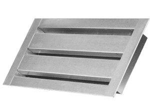 A metal wall vent with three horizontal slats, angled open, isolated on a white background.