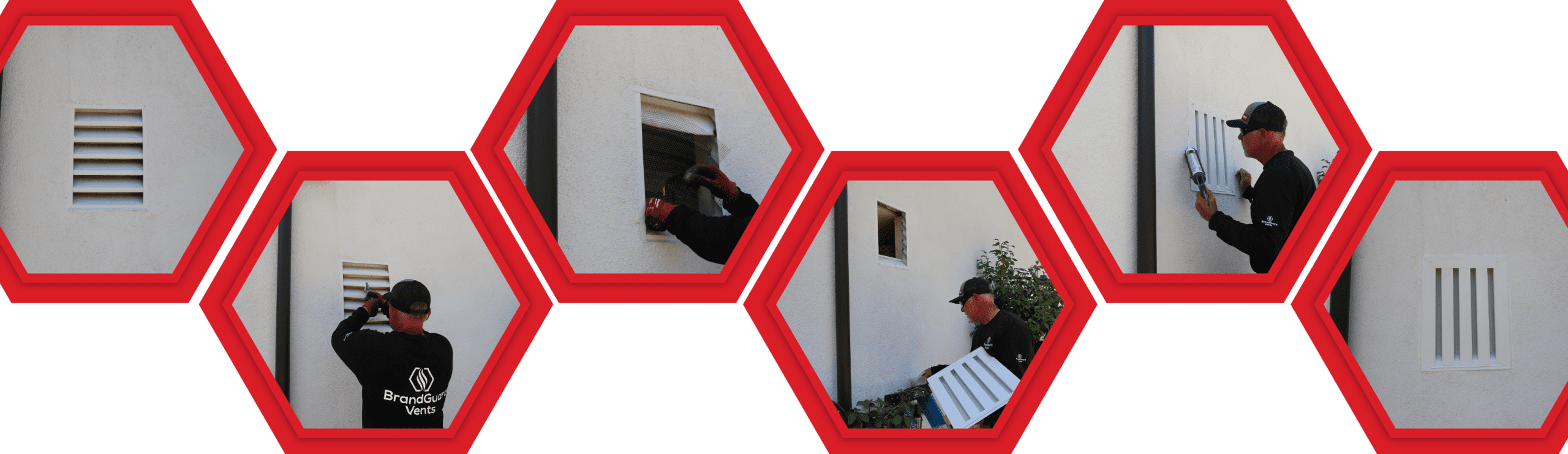 Man installs a metal vent cover on a white wall, shown step by step in red hexagonal frames.