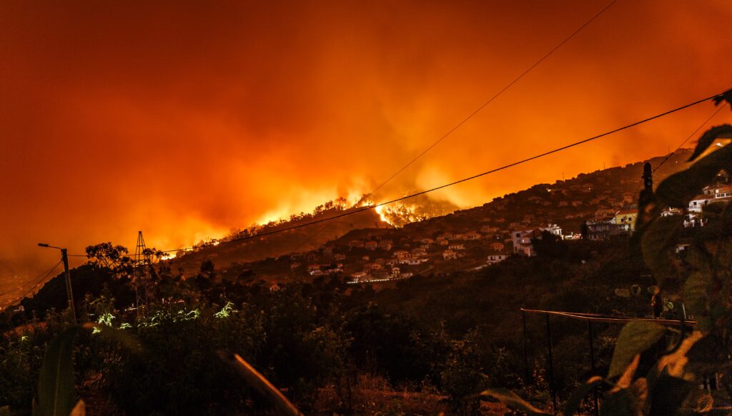 Wildfire burning across hills in California; a neighborhood in the distance near the fire.